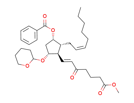 Molecular Structure of 202916-64-1 (Benzoic acid (1S,2R,3R,4R)-3-((E)-6-methoxycarbonyl-3-oxo-hex-1-enyl)-2-((Z)-oct-2-enyl)-4-(tetrahydro-pyran-2-yloxy)-cyclopentyl ester)