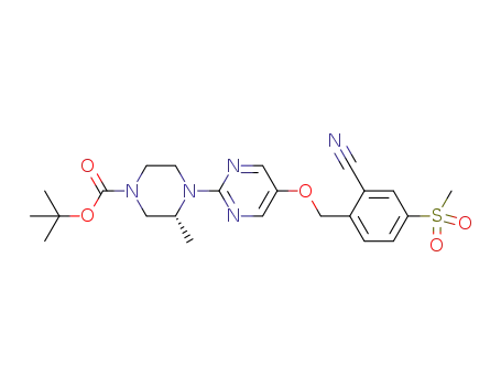 Molecular Structure of 1379522-45-8 (tert-butyl (3R)-4-(5-{[2-cyano-4-(methylsulfonyl)benzyl]oxy}pyrimidin-2-yl)-3-methylpiperazine-1-carboxylate)