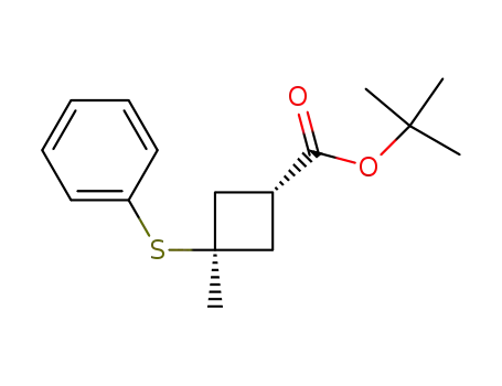 Molecular Structure of 136571-46-5 (Cyclobutanecarboxylic acid, 3-methyl-3-(phenylthio)-, 1,1-dimethylethyl
ester, trans-)