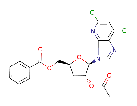 Molecular Structure of 232277-31-5 (3-(2-O-acetyl-5-O-benzoyl-3-deoxy-β-D-ribofuranosyl)-5,7-dichloro-3H-imidazo[4,5-b]pyridine)