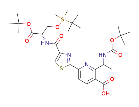 Molecular Structure of 348128-78-9 (2-(1-<i>tert</i>-butoxycarbonylamino-ethyl)-6-{4-[1-<i>tert</i>-butoxycarbonyl-2-(<i>tert</i>-butyl-dimethyl-silanyloxy)-ethylcarbamoyl]-thiazol-2-yl}-nicotinic acid)