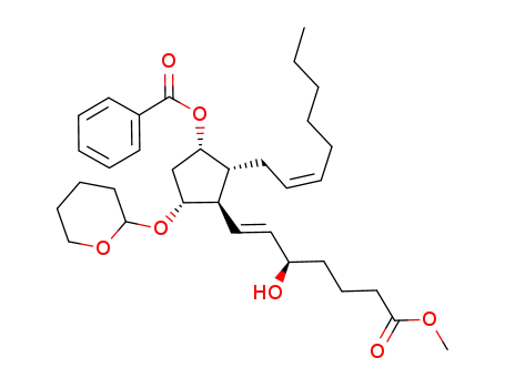 Molecular Structure of 202916-66-3 (Benzoic acid (1S,2R,3R,4R)-3-((E)-(R)-3-hydroxy-6-methoxycarbonyl-hex-1-enyl)-2-((Z)-oct-2-enyl)-4-(tetrahydro-pyran-2-yloxy)-cyclopentyl ester)