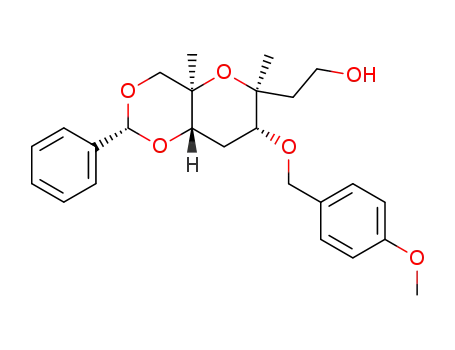 Molecular Structure of 647842-54-4 (2-[(2R,4aR,6S,7R,8aS)-7-(4-Methoxy-benzyloxy)-4a,6-dimethyl-2-phenyl-hexahydro-pyrano[3,2-d][1,3]dioxin-6-yl]-ethanol)