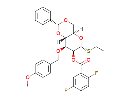Molecular Structure of 1451181-01-3 (ethyl 4,6-O-benzylidene-2-O-(2,5-difluorobenzoyl)-3-O-p-methoxybenzyl-1-thio-α-D-mannopyranoside)