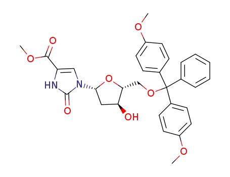 Molecular Structure of 855428-42-1 (1-{(2R,4S,5R)-5-[Bis-(4-methoxy-phenyl)-phenyl-methoxymethyl]-4-hydroxy-tetrahydro-furan-2-yl}-2-oxo-2,3-dihydro-1H-imidazole-4-carboxylic acid methyl ester)
