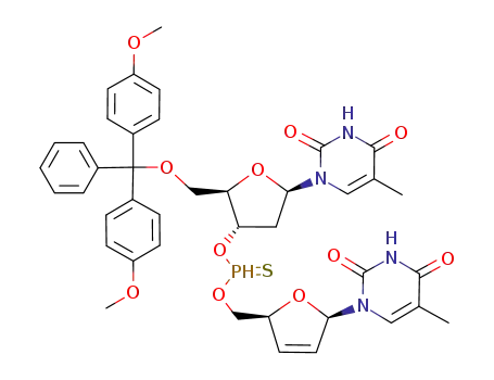 Molecular Structure of 650601-57-3 (O-(5'-dimethoxytrityl-2'-deoxythymidin-3'-yl)-O-(2',3'-dideoxythymidin-5'-yl) H-thiophosphonate)