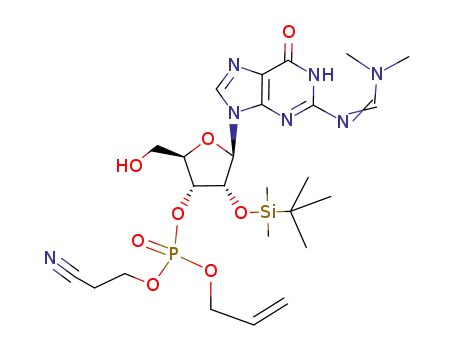 Molecular Structure of 827602-96-0 (3'-Guanylic acid,
2'-O-[(1,1-dimethylethyl)dimethylsilyl]-N-[(dimethylamino)methylene]-,
2-cyanoethyl 2-propenyl ester)