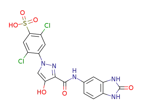 Molecular Structure of 776325-76-9 (4-hydroxy-1-(2',5'-dichloro-4'-sulphophenyl)-3-[N-(2'-oxobenzimidazol-5'-yl)carboxamide]pyrazole)