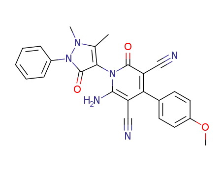 Molecular Structure of 166046-62-4 (3,5-Pyridinedicarbonitrile,
6-amino-1-(2,3-dihydro-1,5-dimethyl-3-oxo-2-phenyl-1H-pyrazol-4-yl)-1,
2-dihydro-4-(4-methoxyphenyl)-2-oxo-)
