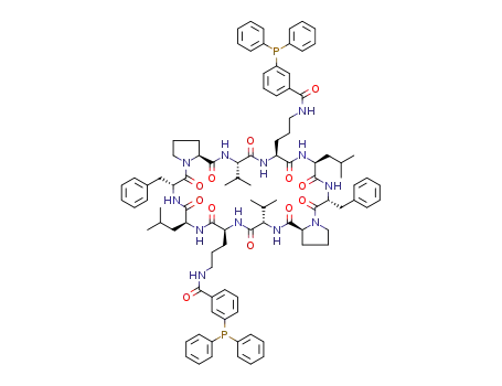 Molecular Structure of 1422391-49-8 (N,N'-(3,3'-((6R,9S,12S,15S,17aS,23R,26S,29S,32S,34aS)-6,23-dibenzyl-9,26-diisobutyl-15,32-diisopropyl-5,8,11,14,17,22,25,28,31,34-decaoxotetratriacontahydrodipyrrolo[1,2-a:1',2'-p] [1,4,7,10,13,16,19,22,25,28]decaazacyclotriacontine-12,29-diyl)bis(propane-3,1-diyl))bis(3-(diphenylphosphino)benzamide))