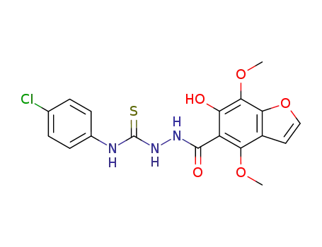 Molecular Structure of 491872-95-8 (5-Benzofurancarboxylic acid, 6-hydroxy-4,7-dimethoxy-,
2-[[(4-chlorophenyl)amino]thioxomethyl]hydrazide)