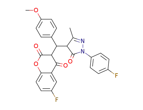 Molecular Structure of 1426835-16-6 (6-fluoro-3-((1-(4-fluorophenyl)-3-methyl-5-oxo-4,5-dihydro-1H-pyrazol-4-yl)(4-methoxyphenyl)methyl)chroman-2,4-dione)