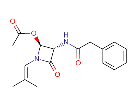 Molecular Structure of 39650-23-2 ((2S,3S)-1-(2-methylprop-1-en-1-yl)-4-oxo-3-(2-phenylacetamido)azetidin-2-yl acetate)