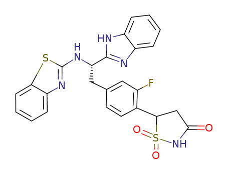 Molecular Structure of 850321-90-3 (5-[4-[(2S)-2-(1H-Benzimidazol-2-yl)-2-(2-benzothiazolylamino)ethyl]-2-fluorophenyl]-3-isothiazolidinone 1,1-dioxide)
