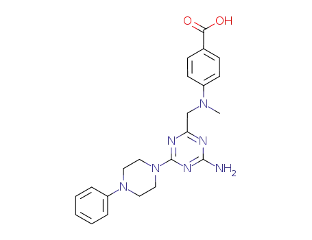 Molecular Structure of 871332-19-3 (4-({[2-amino-4-(4-phenylpiperazin-1-yl)-1,3,5-triazin-6-yl]methyl}methylamino)benzoic acid)