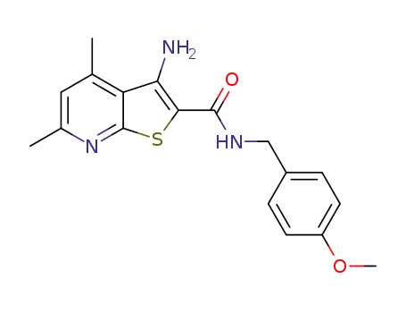 Molecular Structure of 409351-28-6 (3-Amino-N-(4-methoxybenzyl)-4,6-dimethylthieno[2,3-b]pyridinecarboxamide)