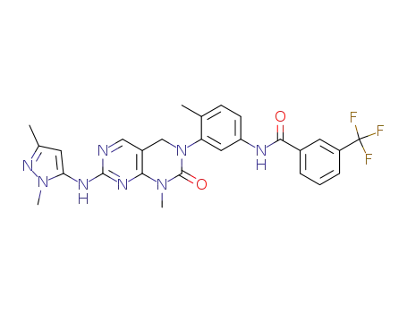 Molecular Structure of 839707-37-8 (N-(3-(7-(1,3-dimethyl-1H-pyrazol-5-ylamino)-1-methyl-2-oxo-1,2-dihydropyrimido[4,5-d]pyrimidin-3(4H)-yl)-4-methylphenyl)-3-(trifluoromethyl)benzamide)
