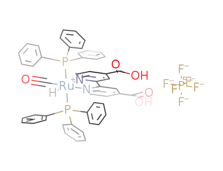 Molecular Structure of 1147124-85-3 ([(H)Ru(CO)(PPh3)2(4,4′-dicarboxy-2,2′-bipyridyl)] hexafluorophosphate)