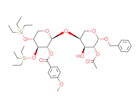 Molecular Structure of 219906-54-4 (4-Methoxy-benzoic acid (2S,3R,4R,5R)-2-((3S,4S,5R,6S)-5-acetoxy-6-benzyloxy-4-hydroxy-tetrahydro-pyran-3-yloxy)-4,5-bis-triethylsilanyloxy-tetrahydro-pyran-3-yl ester)