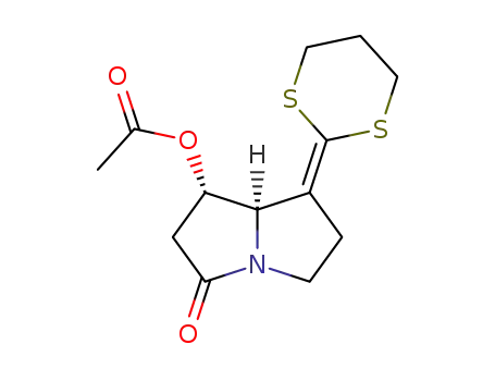 Molecular Structure of 85319-62-6 (1-aza-4-(1,3-dithian-2-ylidene)-6(S)-(acetyloxy)bicyclo<3.3.0>octan-8-one)