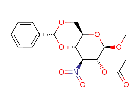 Molecular Structure of 206126-54-7 (Acetic acid (2R,4aR,6R,7R,8S,8aS)-6-methoxy-8-nitro-2-phenyl-hexahydro-pyrano[3,2-d][1,3]dioxin-7-yl ester)