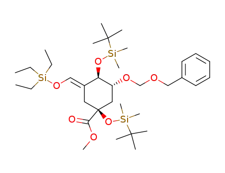 Molecular Structure of 1053269-60-5 (Methyl <1(S)-(1α,3β,4α,5α)>-3-<(benzyloxymethyl)oxy>-1,4-bis<<(1,1-dimethylethyl)dimethylsilyl>oxy>-5-<<(triethylsilyl)oxy>ylidene>cyclohexane-1-carboxylate)