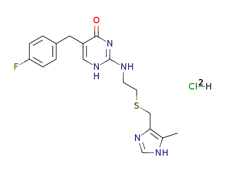 Molecular Structure of 116608-84-5 (5-(4-fluorobenzyl)-2-[(2-{[(5-methyl-1H-imidazol-4-yl)methyl]sulfanyl}ethyl)amino]pyrimidin-4(3H)-one dihydrochloride)