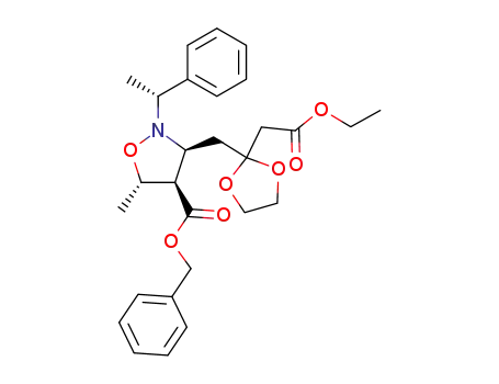 Molecular Structure of 96326-23-7 (benzyl (+)-(3,4-cis,4,5-trans)-3-<3-(ethoxycarbonyl)-2,2-(ethylenedioxy)propyl>-5-methyl-2-((1R)-1-phenylethyl)isoxazolidine-4-carboxylate)