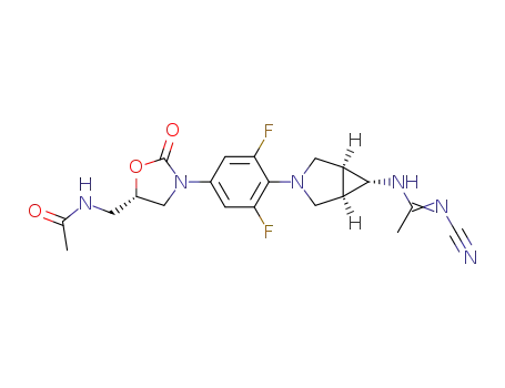 Molecular Structure of 504437-53-0 (N-[5(S)-3-[4-[(1α,5α,6α)-6-[(N-cyano-1-iminoethyl)amino]-3-azabicyclo[3.1.0]hexan-3-yl]-3,5-difluorophenyl]-2-oxooxazolidin-5-ylmethyl]acetamide)