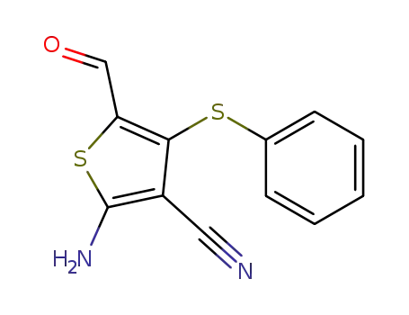 Molecular Structure of 105559-06-6 (3-Thiophenecarbonitrile, 2-amino-5-formyl-4-(phenylthio)-)
