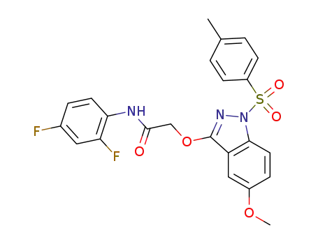 Molecular Structure of 249933-10-6 (N-(2,4-Difluorophenyl)-2-[5-methoxy-1-(toluene-4-sulphonyl)-1H-indazol-3-yloxy]acetamide)