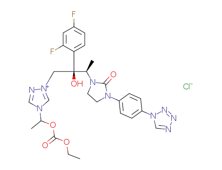 Molecular Structure of 214543-24-5 (1-[(2R,3R)-2-(2,4-difluorophenyl)-2-hydroxy-3-[2-oxo-3-[4-(1H-tetrazol-1-yl)phenyl]-1-imidazolidinyl]butyl]-4-[-1-(ethoxy-carbonyloxy)ethyl]-1H-1,2,4-triazolium chloride)