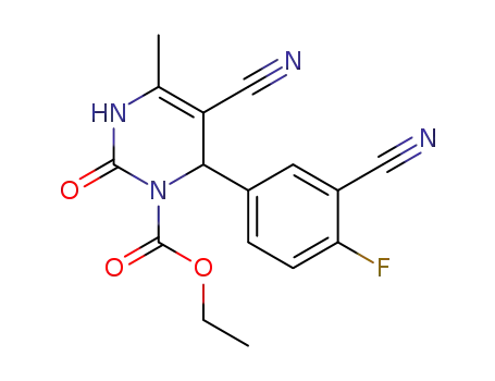 Molecular Structure of 464191-88-6 (5-Cyano-6-(3-cyano-4-fluorophenyl)-4-methyl-2-oxo-3,6-dihydro-2H-pyrimidine-1-carboxylic acid ethyl ester)
