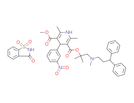 3,5-Pyridinedicarboxylic acid,
1,4-dihydro-2,6-dimethyl-4-(3-nitrophenyl)-,
2-[(3,3-diphenylpropyl)methylamino]-1,1-dimethylethyl methyl ester,
compd. with 1,2-benzisothiazol-3(2H)-one 1,1-dioxide (1:1)
