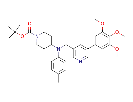 Molecular Structure of 501674-02-8 (1-Piperidinecarboxylic acid,
4-[(4-methylphenyl)[[5-(3,4,5-trimethoxyphenyl)-3-pyridinyl]methyl]amino]
-, 1,1-dimethylethyl ester)