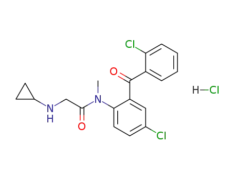 Molecular Structure of 75615-94-0 (N-[4-chloro-2-(2-chlorobenzoyl)phenyl]-2-(cyclopropylamino)-N-methyl-a cetamide hydrochloride)