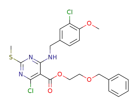 Molecular Structure of 372118-36-0 (5-Pyrimidinecarboxylic acid,
4-chloro-6-[[(3-chloro-4-methoxyphenyl)methyl]amino]-2-(methylthio)-,
2-(phenylmethoxy)ethyl ester)
