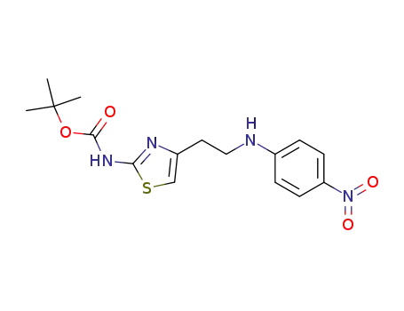 Molecular Structure of 408365-82-2 (Carbamic acid, [4-[2-[(4-nitrophenyl)amino]ethyl]-2-thiazolyl]-,
1,1-dimethylethyl ester)