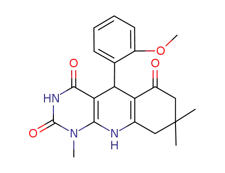 Molecular Structure of 1041469-47-9 (5-(2-methoxyphenyl)-1,8,8-trimethyl-7,8,9,10-tetrahydropyrimido[4,5-b]quinoline-2,4,6(1H,3H,5H)-trione)