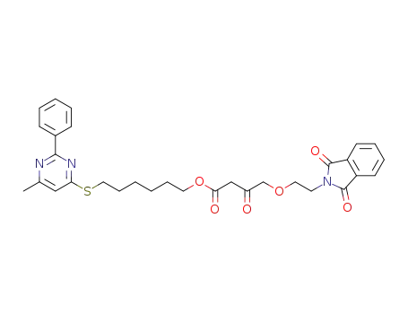 Molecular Structure of 112641-55-1 (Butanoic acid,
4-[2-(1,3-dihydro-1,3-dioxo-2H-isoindol-2-yl)ethoxy]-3-oxo-,
6-[(6-methyl-2-phenyl-4-pyrimidinyl)thio]hexyl ester)