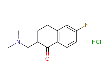 Molecular Structure of 62620-55-7 (1(2H)-Naphthalenone, 2-[(dimethylamino)methyl]-6-fluoro-3,4-dihydro-,
hydrochloride)