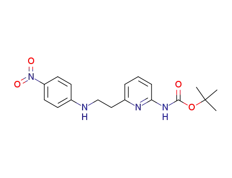Molecular Structure of 408365-90-2 (Carbamic acid, [6-[2-[(4-nitrophenyl)amino]ethyl]-2-pyridinyl]-,
1,1-dimethylethyl ester)