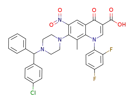 Molecular Structure of 1146300-51-7 (7-(4-((4-chlorophenyl)(phenyl)methyl)piperazin-1-yl)-1-(2,4-difluorophenyl)-1,4-dihydro-8-methyl-6-nitro-4-oxoquinoline-3-carboxylic acid)