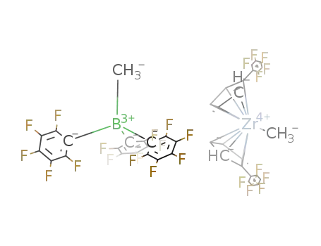 (C<sub>6</sub>F<sub>5</sub>C<sub>5</sub>H<sub>4</sub>)2ZrCH<sub>3</sub><sup>(1+)</sup>*CH<sub>3</sub>B(C<sub>6</sub>F<sub>5</sub>)3<sup>(1-)</sup>=(C<sub>6</sub>F<sub>5</sub>C<sub>5</sub>H<sub>4</sub>)2ZrCH<sub>3</sub>CH<sub>3</sub>B(C<sub>6</sub>F<sub>5</sub>)3