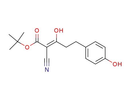 Molecular Structure of 93559-06-9 (2-Pentenoic acid, 2-cyano-3-hydroxy-5-(4-hydroxyphenyl)-,
1,1-dimethylethyl ester)