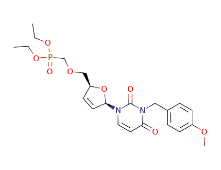 Molecular Structure of 135080-81-8 ({(2S,5R)-5-[3-(4-Methoxy-benzyl)-2,4-dioxo-3,4-dihydro-2H-pyrimidin-1-yl]-2,5-dihydro-furan-2-ylmethoxymethyl}-phosphonic acid diethyl ester)