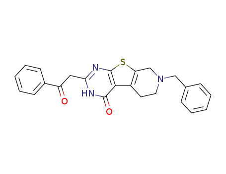 Molecular Structure of 91225-87-5 (7-Benzyl-2-(2-oxo-2-phenyl-ethyl)-5,6,7,8-tetrahydro-3H-pyrido[4',3':4,5]thieno[2,3-d]pyrimidin-4-one)