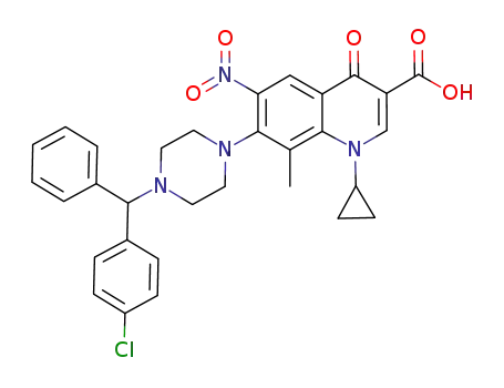 Molecular Structure of 1146300-34-6 (7-(4-((4-chlorophenyl)(phenyl)methyl)piperazin-1-yl)-1-cyclopropyl-1,4-dihydro-8-methyl-6-nitro-4-oxoquinoline-3-carboxylic acid)