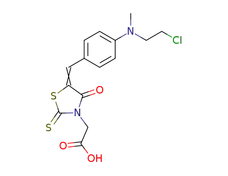 Molecular Structure of 101004-65-3 ({5-[1-{4-[(2-Chloro-ethyl)-methyl-amino]-phenyl}-meth-(Z)-ylidene]-4-oxo-2-thioxo-thiazolidin-3-yl}-acetic acid)