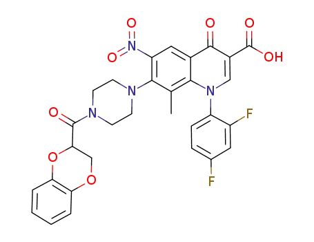 Molecular Structure of 1146300-55-1 (1-(2,4-difluorophenyl)-1,4-dihydro-7-(4-(2,3-dihydrobenzo[b][1,4]dioxin-2-oyl)piperazin-1-yl)-8-methyl-6-nitro-4-oxoquinoline-3-carboxylic acid)